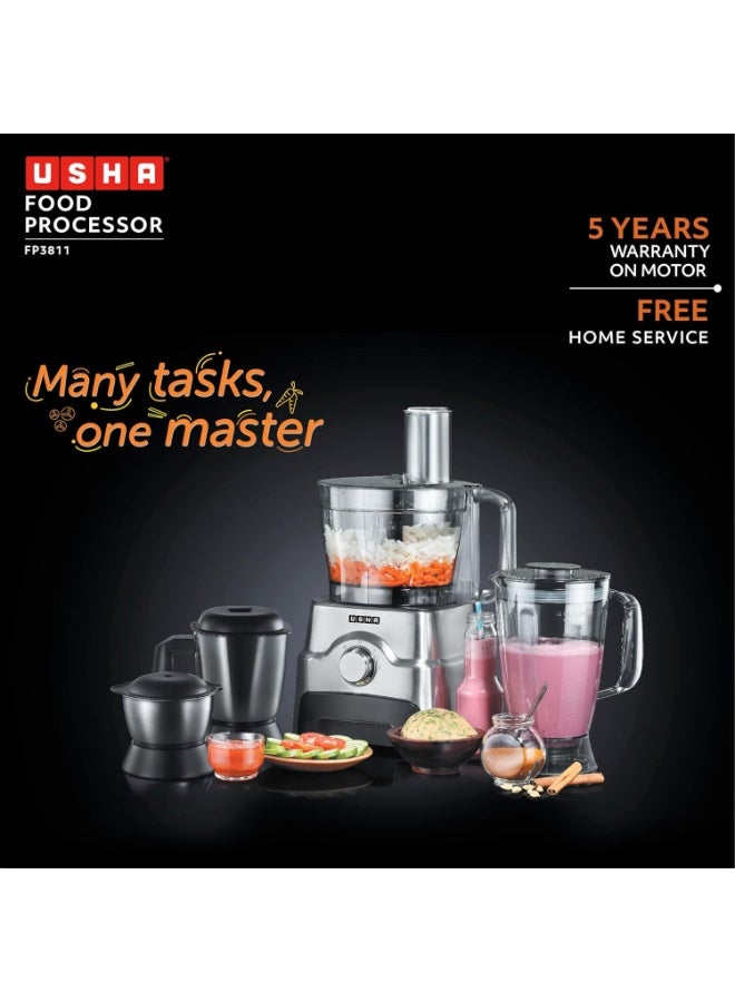 Usha FP 3811 Food Processor 1000 Watts Copper Motor with 13 Accessories(Premium SS Finish), Black and Steel - Image 2